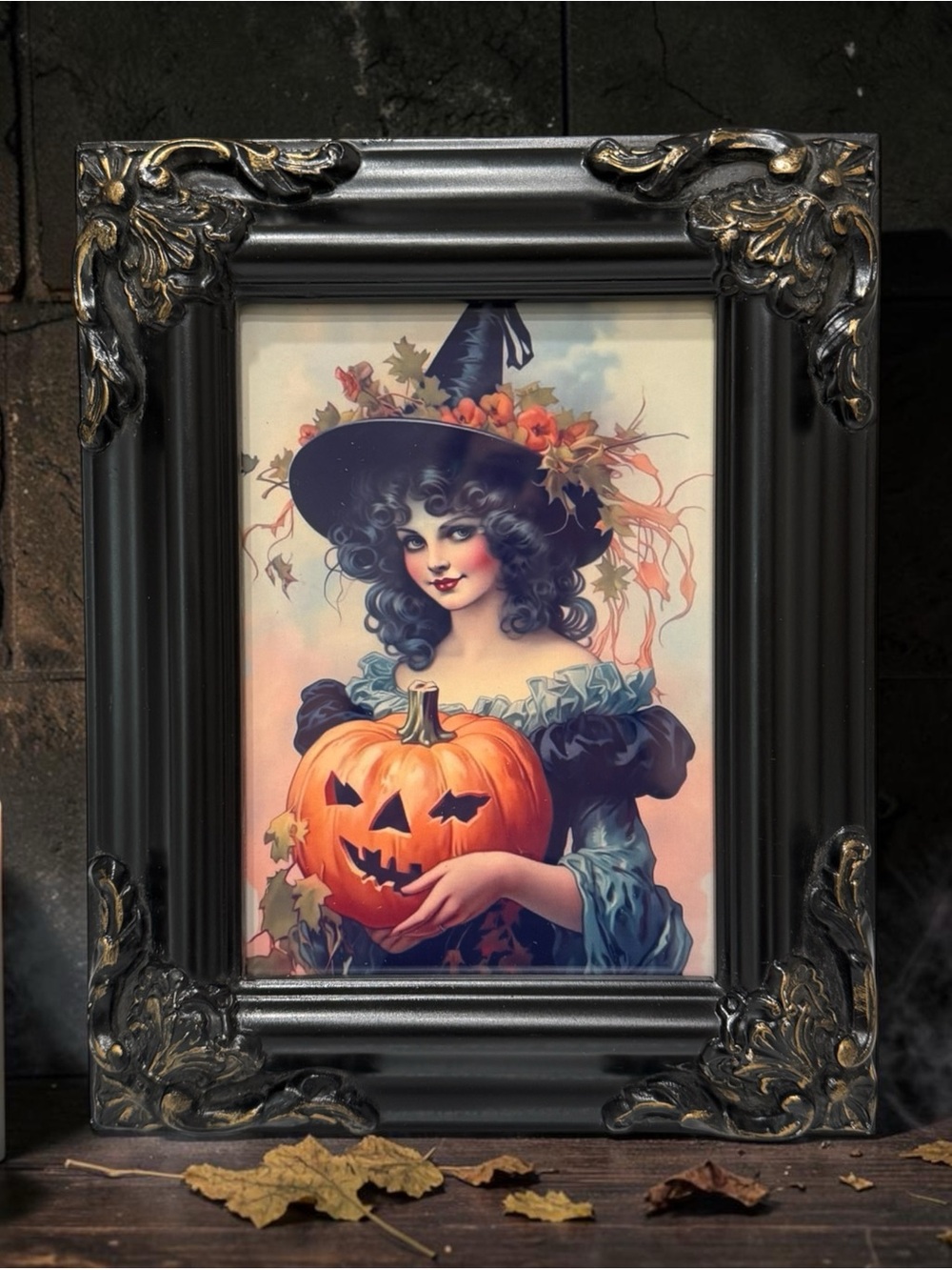 Vintage Black Ornate Frame with Witch Halloween Print